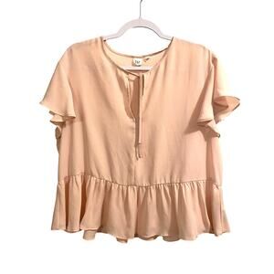 Gap Women’s Light Pink Flutter Sleeves Tie Neck Peplum Blouse Size Large